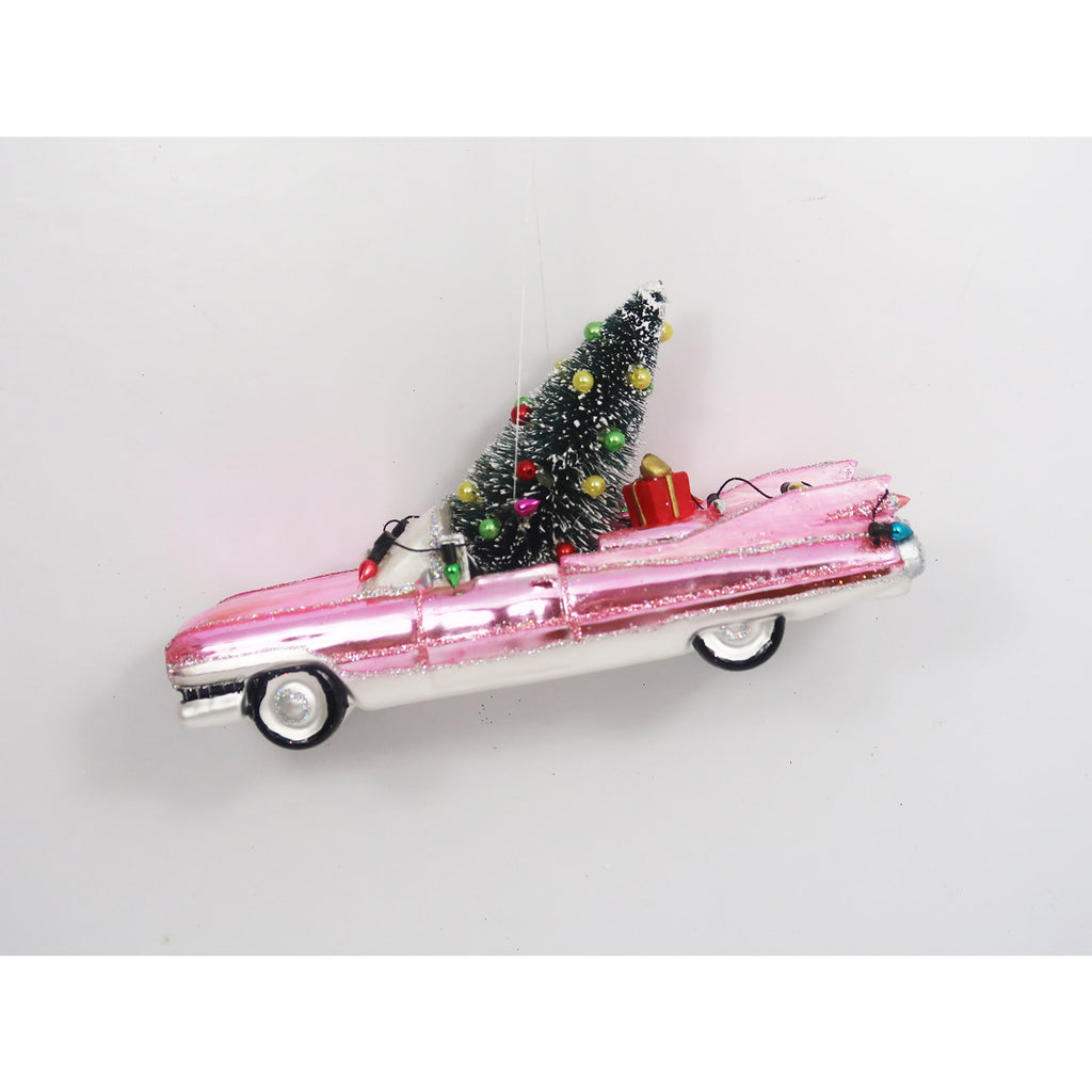 Oversized Pink Cadillac w/Tree Orn, Glass, 8.25"