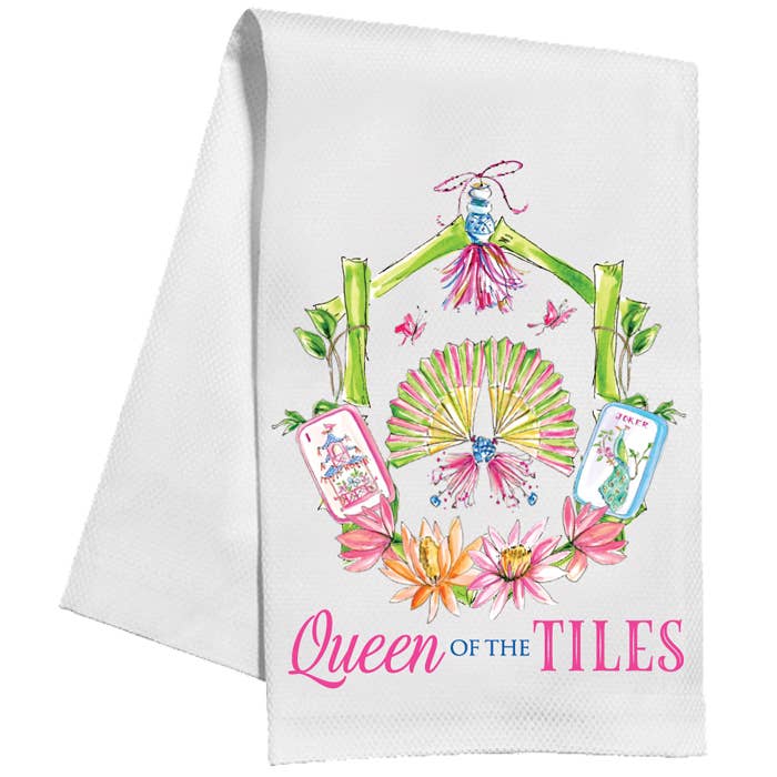 Queen Of The Tiles Mahjong Crest Bamboo Kitchen Towel - Roseanne Beck