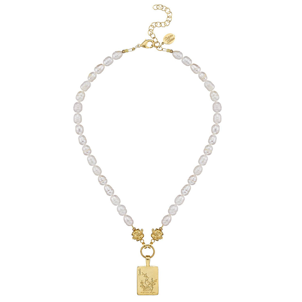 1 Bam Bird Mahjong Tile Pearl Necklace