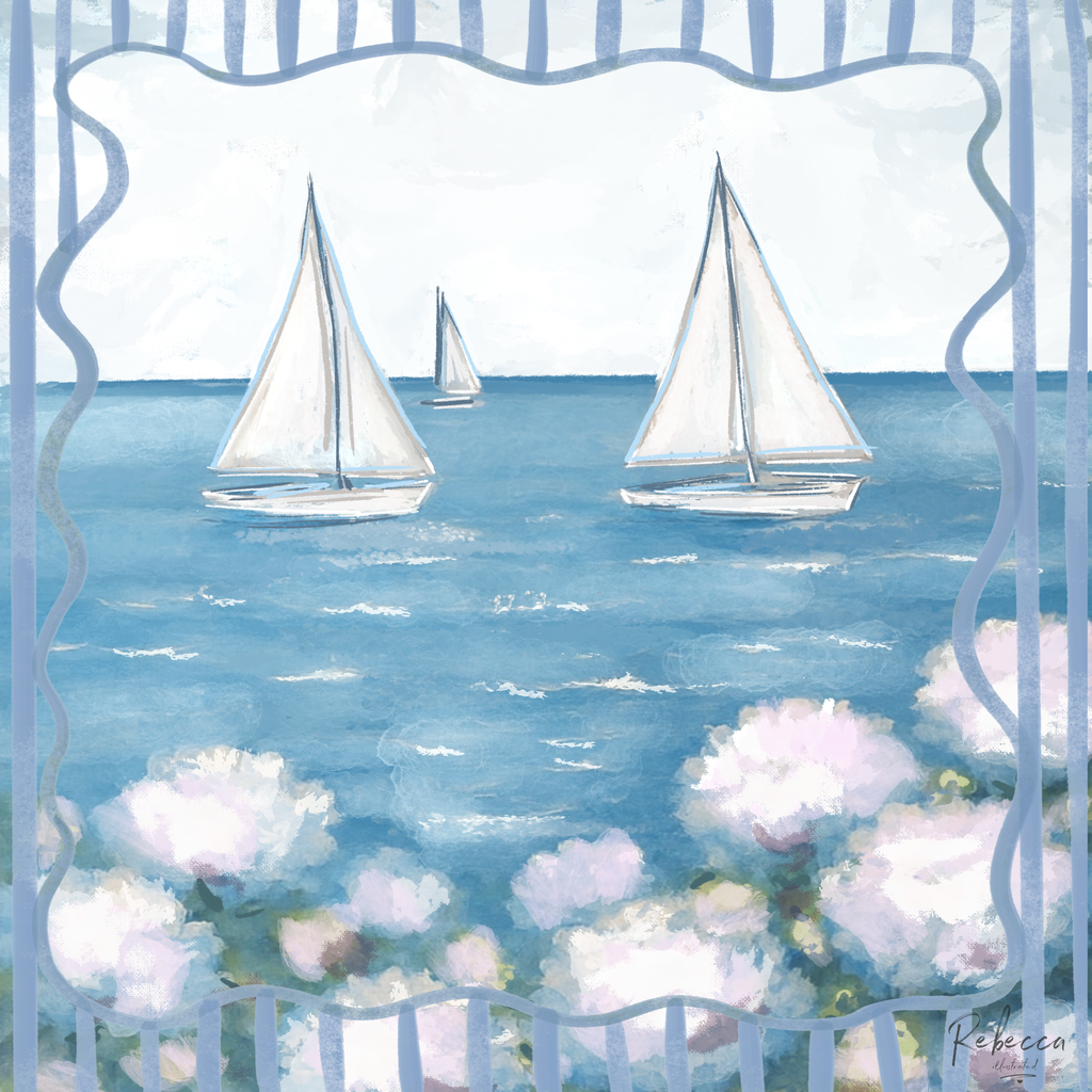 WHITE SAILBOATS-MAHJONG MAT - Rebecca Illustrated