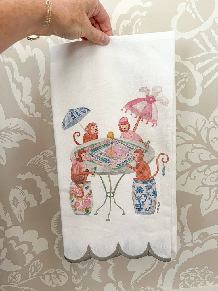 Mahjong Monkeys Scalloped Tea Towel