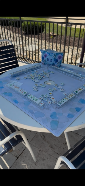Umbrella Mahjong Mat Seaside – 33x33 inch outdoor patio table cover with center umbrella hole, compatible with round and square tables
