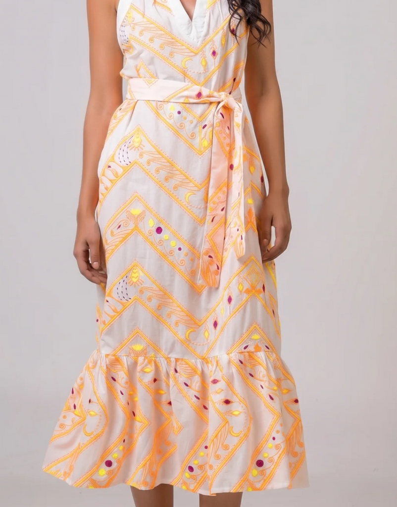 Midi Linen Dress with Embroidery - off white and orange - aether concept