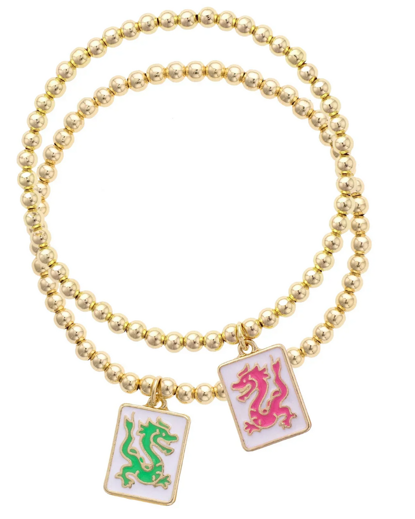 Pair of Dragons Mahjong Ball Bead Bracelet Set of 2
