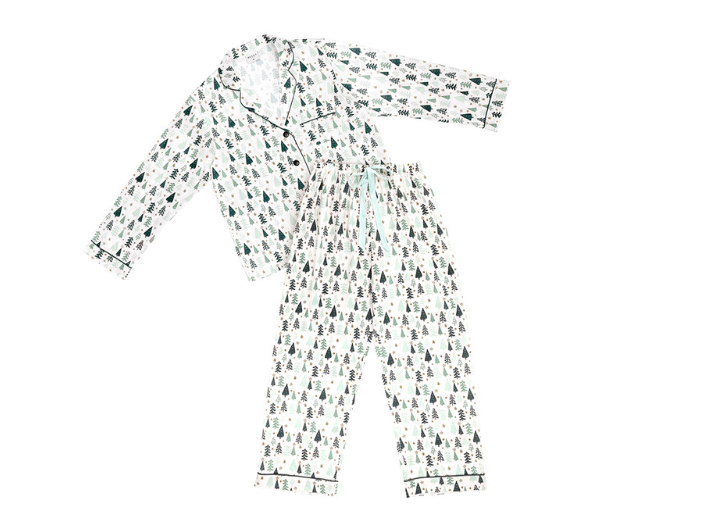 Full Length Ivory Green Tree PJ Set - Bella Apparel