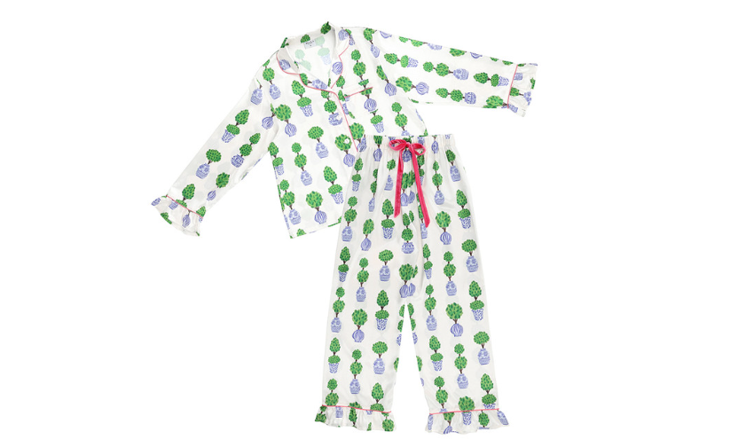 Full-Length Ruffled PJ Set with Velvet Tie - Ivory + Topiaries - S2 - Bella Apparel