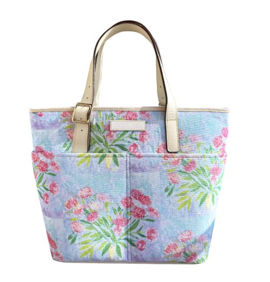 Pink Peony Medium Canvas Tote with Leather Trim and Base, Zipper Closure