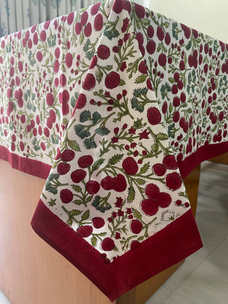 Fabricrush - Garnet Red Emerald Green Hand Block Print Cotton 70x108 Tablecloth: Without Napkins, 8 Seater 70x108 - Home 2 Court