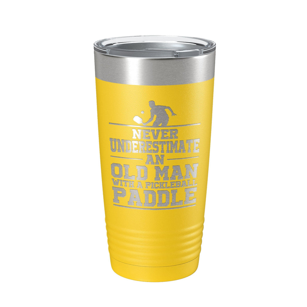 Funny Pickleball Tumbler Never Underestimate An Old Man With A Pickle Ball Paddle Travel Mug Insulated Laser Engraved Coffee Cup Gift 20 oz - Home 2 Court