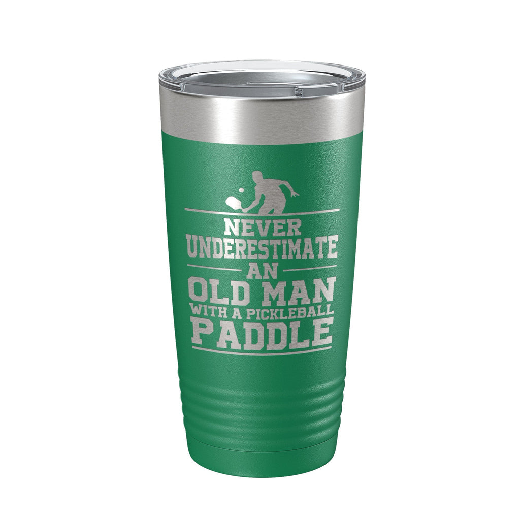 Funny Pickleball Tumbler Never Underestimate An Old Man With A Pickle Ball Paddle Travel Mug Insulated Laser Engraved Coffee Cup Gift 20 oz - Home 2 Court