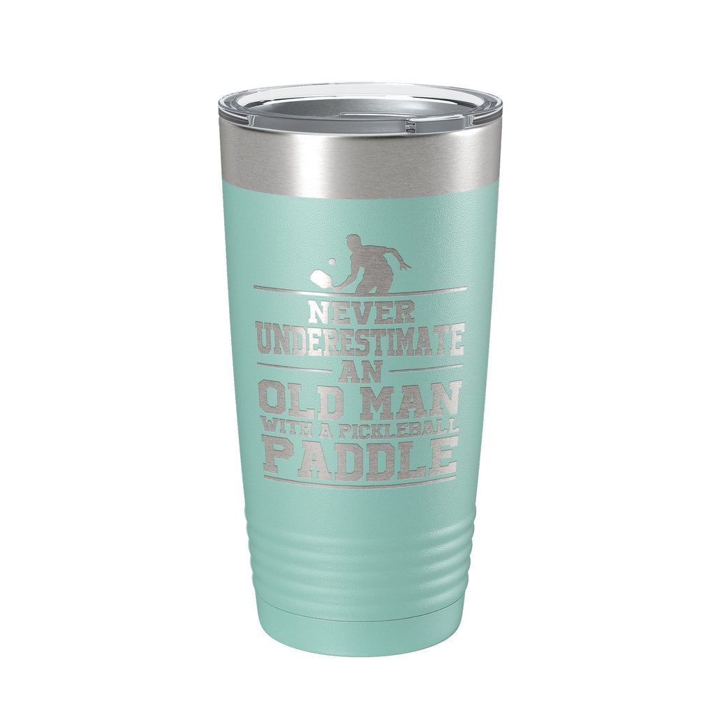 Funny Pickleball Tumbler Never Underestimate An Old Man With A Pickle Ball Paddle Travel Mug Insulated Laser Engraved Coffee Cup Gift 20 oz - Home 2 Court