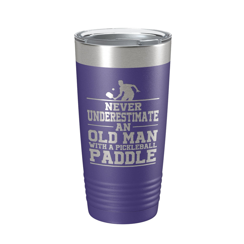 Funny Pickleball Tumbler Never Underestimate An Old Man With A Pickle Ball Paddle Travel Mug Insulated Laser Engraved Coffee Cup Gift 20 oz - Home 2 Court