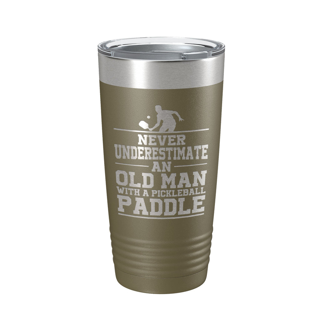 Funny Pickleball Tumbler Never Underestimate An Old Man With A Pickle Ball Paddle Travel Mug Insulated Laser Engraved Coffee Cup Gift 20 oz - Home 2 Court