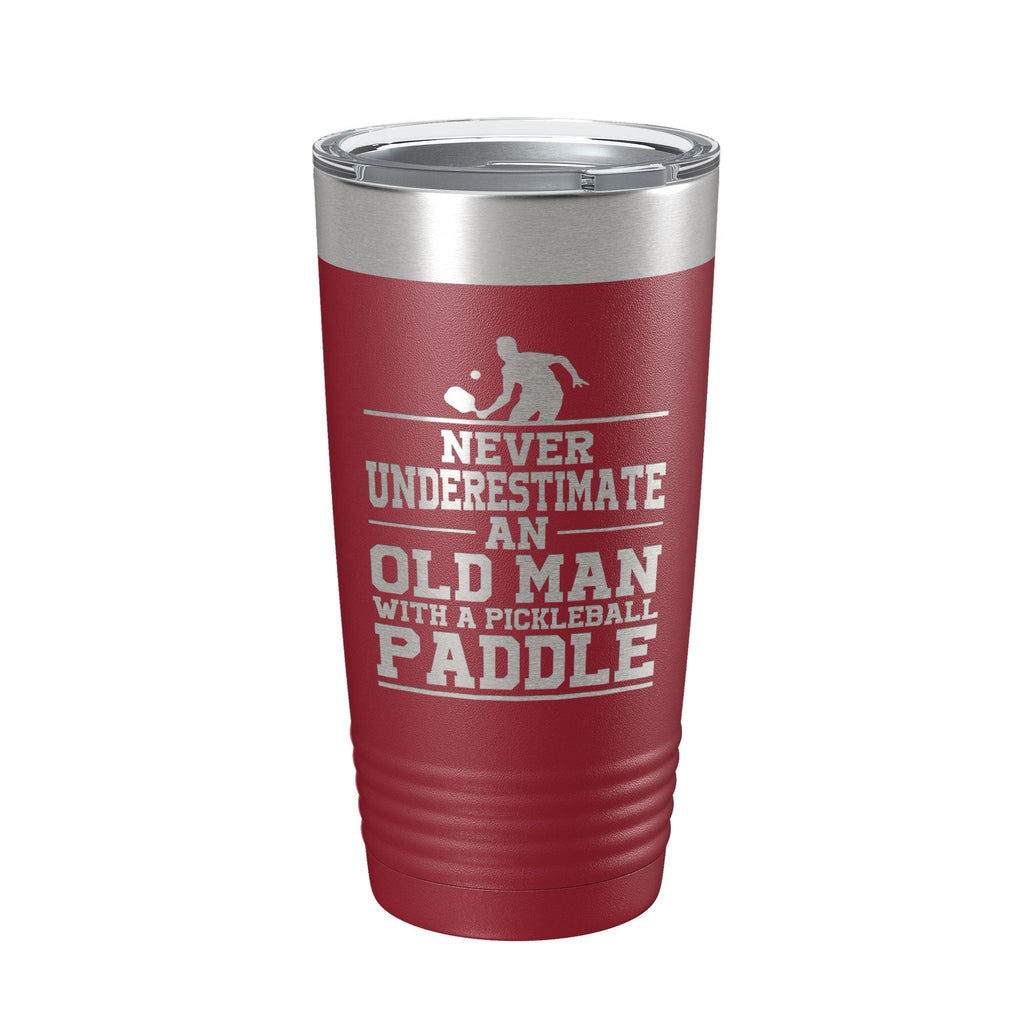 Funny Pickleball Tumbler Never Underestimate An Old Man With A Pickle Ball Paddle Travel Mug Insulated Laser Engraved Coffee Cup Gift 20 oz - Home 2 Court
