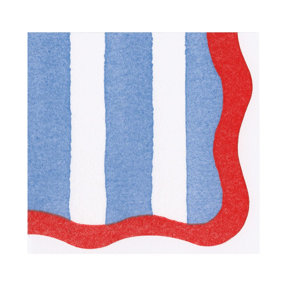 Cafe Stripe Scallop Blue/Red Paper Linen Die Cut Napkin -Caspari