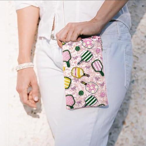Bamboo Trading Company BTC Pickleball Chic Phone Pouch Beaded & Sequined Sporty Crossbody Pink