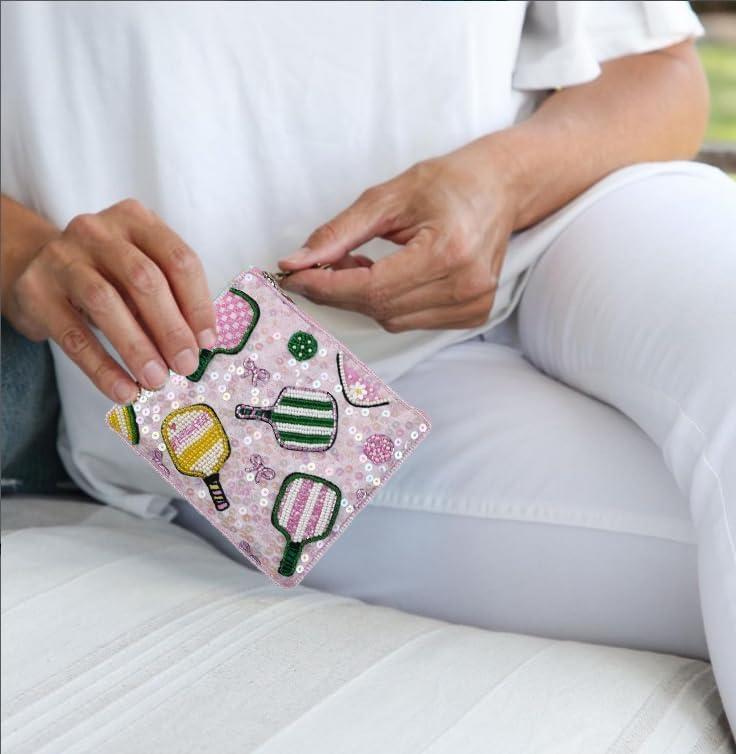 BTC Dazzling Pickleball Chic Beaded & Sequined Zip Card Case Essential Pouch Coin Purse Pink Multi
