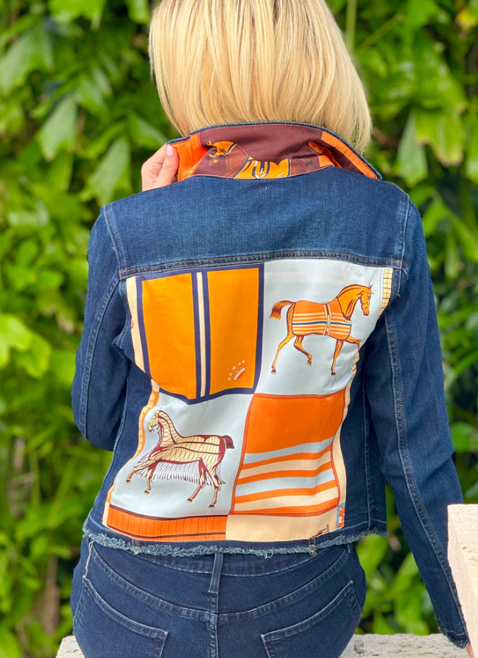 Lt Blue with Orange Horse Dark Denim Jacket - Stacy Bradley