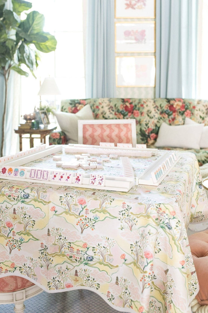 Scalloped Square Table Topper in Pink Pagoda - Fenwick Fields - Home 2 Court